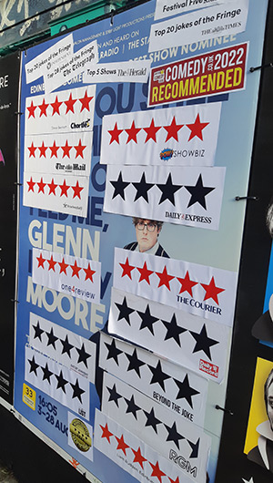 Glenn Moore's 2022 Edinburgh Fringe poster covered in star stickers