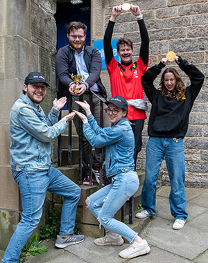 Low Effort Sketches Ed Fringe Mario Kart Tournament 2024. Image shows left to right: Andy Bucks, Ewan Woods, Alice Wickersham, Tom Whiston, Melissa Redman