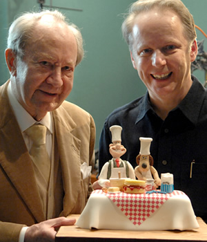 Image shows from L to R: Peter Sallis, Nick Park