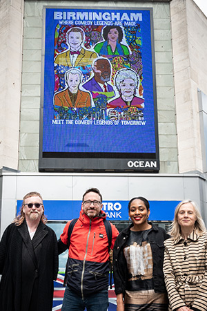 Sky Comedy Rep digital mural launch. Image shows left to right: David Hodge, Dec Munro, Asia Wray, Rachael Thomas