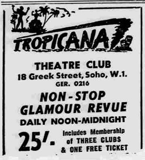 Newspaper promotion for the Tropicana Theatre Club at 18 Greek Street