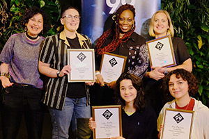 99 Club Bursary Showcase 2022. Image shows from L to R: Juliet Meyers, Sian Davies, Sikisa, Lara Ricote, Lily Phillips, Ania Magliano. Copyright: Lucas John Photography