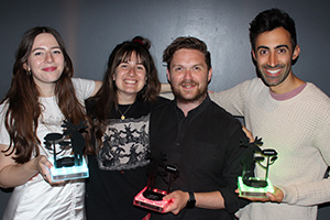 Amused Moose Awards 2022 winners. Image shows from L to R: Chelsea Birkby, Rosie Nicholls, Sullivan Brown, Richard David-Caine