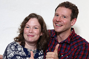 Answer Me This hosts. Image shows left to right: Helen Zaltzman, Olly Mann