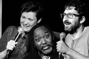 Audible Presents: Live At The Edinburgh Fringe. Image shows from L to R: Josie Long, Reginald D Hunter, Mark Watson. Copyright: Audible.com