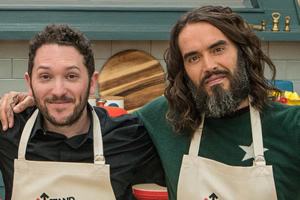 The Great Celebrity Bake Off for Stand Up to Cancer 2019. Image shows from L to R: Jon Richardson, Russell Brand. Copyright: Channel 4 Television Corporation