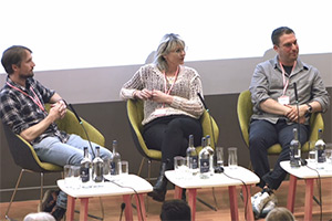 Big Comedy Conference 2023. Image shows left to right: Tom Basden, Sarah Morgan, Benjamin Green