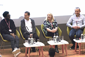Big Comedy Conference 2023. Image shows left to right: Daniel Lawrence Taylor, Adam Kay, Brona C. Titley, Daniel Peak