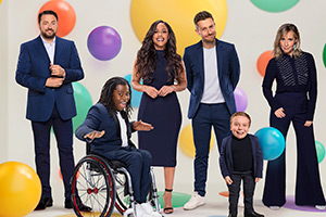 Children In Need 2023. Image shows left to right: Jason Manford, Ade Adepitan, Alex Scott, Chris Ramsey, Lenny Rush, Mel Giedroyc