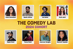 The Comedy Lab - 2024 Cohort. Image shows left to right: Iman Ahmedani, Dipak Patel, Qasim Akhtar, Paras Patel, Jas Bahia, Joeravar Sangha, Stuti Johri, Nusrath Tapadar