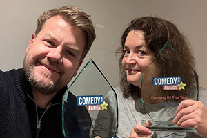 Corden and Jones pose with their Comedy.co.uk Awards 2024 trophies. Image shows left to right: James Corden, Ruth Jones