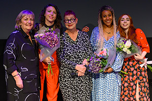 Funny Women Awards 2023. Image shows left to right: Lynne Parker, Victoria Olsina, Jo Brand, Kate Cheka, Hannah Platt. Credit: Steve Ullathorne