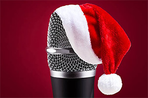 Microphone with festive hat on it