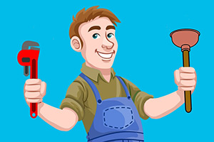 Cartoon image of a plumber holding a spanner and plunger