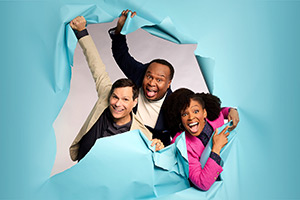 Have I Got News For You USA. Image shows left to right: Michael Ian Black, Roy Wood Jr, Amber Ruffin