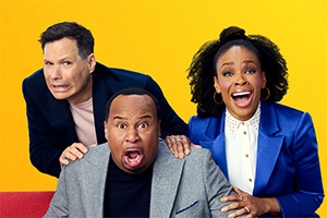 Have I Got News For You USA. Image shows left to right: Michael Ian Black, Roy Wood Jr, Amber Ruffin
