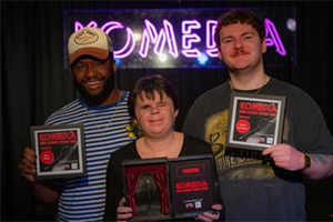 Komedia New Comedy Award 2025. Image shows left to right: Wes Defoe, Sydney May, Aiden Lonergan