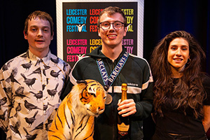 Leicester Mercury Comedian Of The Year 2020. Image shows from L to R: Matt Bragg, Eric Rushton, Louise Young