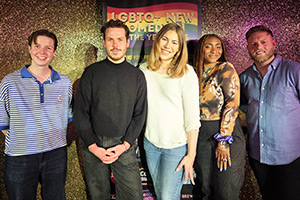 LGBTQ+ New Comedian of the Year 2025 finalists. Image shows left to right: Ciara Barnes, Dom McGovern, Chloe Reynolds, Esther, Josh Sedman