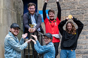 Low Effort Sketches Ed Fringe Mario Kart Tournament 2024. Image shows left to right: Andy Bucks, Ewan Woods, Alice Wickersham, Tom Whiston, Melissa Redman