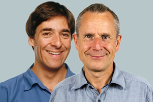 Two Men On A Bench. Image shows from L to R: Mark Steel, Jeremy Hardy. Copyright: Laughing Stock