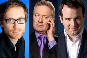 Image shows from L to R: Stephen Merchant, Rory Bremner, Matt Forde