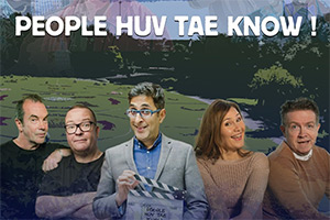 People Huv Tae Know!. Image shows left to right: Gavin Mitchell, Paul Riley, Sanjeev Kohli, Jane McCarry, Mark Cox