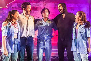 Police Cops The Musical. Image shows left to right: Melinda Orengo, Tom Roe, Zachary Hunt, Nathan Parkinson, Natassia Bustamante