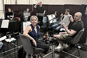 Image shows left to right: Diane Morgan, Tom Basden, Kerry Godliman, Ricky Gervais, David Earl, Ricky Champ