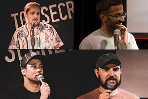 Roast Battle London Championship 2025. Image shows left to right: Peter Bazely, Ken Grinell, Joshua Bethania, James Mileham