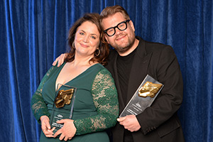 RTS Awards 2025. Image shows left to right: Ruth Jones, James Corden. Credit: Richard Kendal