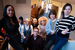 Sky Comedy Rep 2023. Image shows left to right: Asia Wray, Mahad Ali, Aoife Kennan, Doug Crossley, Tom Critch, Hattie Soykan, Alice Etches, Georgie Morrell