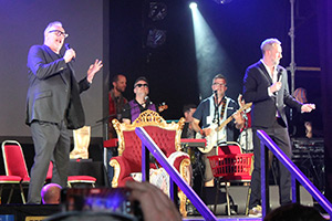 Taskmaster Live at Glastonbury 2025. Image shows left to right: Greg Davies, Alex Horne. Credit: Mark Muldoon