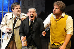 The Play That Goes Wrong. Image shows from L to R: Henry Lewis, Jonathan Sayer, Henry Shields. Copyright: Alastair Muir