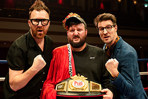 UK Pun Championship 2024. Image shows left to right: Jason Byrne, Kev Mud, Lee Brace. Credit: Crosscut Media, David Wilson Clarke