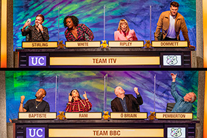 University Challenge for BBC Children In Need 2020. Image shows from L to R: Iain Stirling, Dane Baptiste, Charlene White, Anita Rani, Fay Ripley, Dara O Briain, Joel Dommett, Steve Pemberton