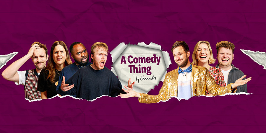 A Comedy Thing by Channel 4. Image shows left to right: Mike Rice, Micky Overman, Gbemi Oladipo, Finlay Christie, Vittorio Angelone, Olga Koch, Dan Tiernan