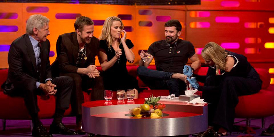 The Graham Norton Show. Image shows left to right: Harrison Ford, Ryan Gosling, Reese Witherspoon, Adam Horton, Margot Robbie