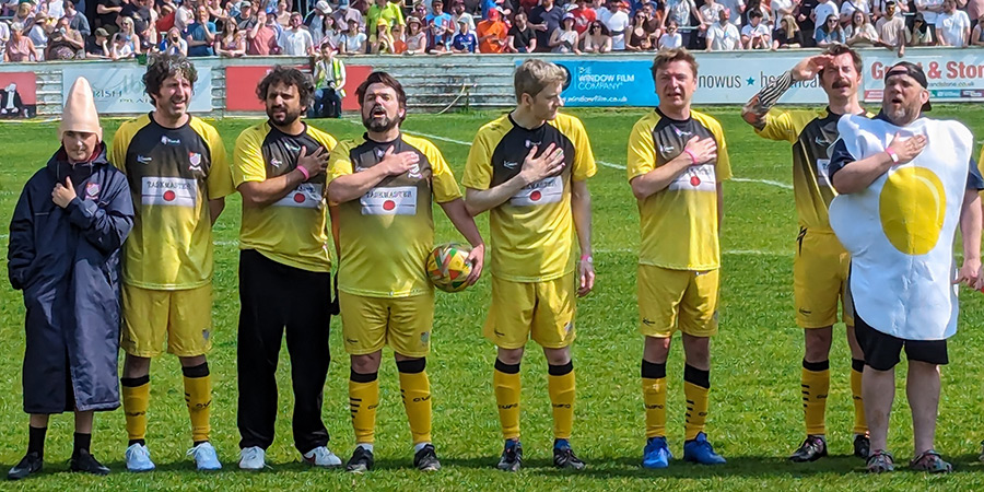 Alex Horne's Comedy Football Trophy 2024. Image shows left to right: Mark Watson, Nish Kumar, Charlie Baker, James Acaster, Matt Rose, Mike Wozniak, Mark Olver