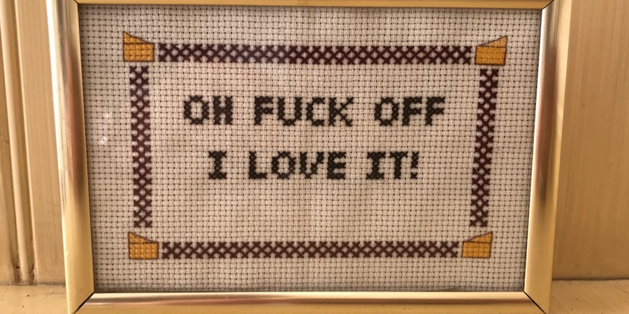 Cross stitch of Anna Mann's catchphrase, by Sarah Slack