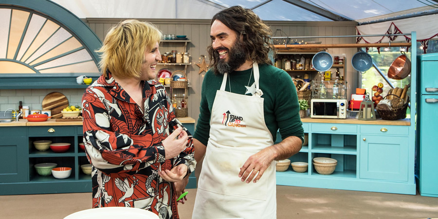 The Great Celebrity Bake Off for Stand Up to Cancer 2019. Image shows from L to R: Noel Fielding, Russell Brand. Copyright: Channel 4 Television Corporation