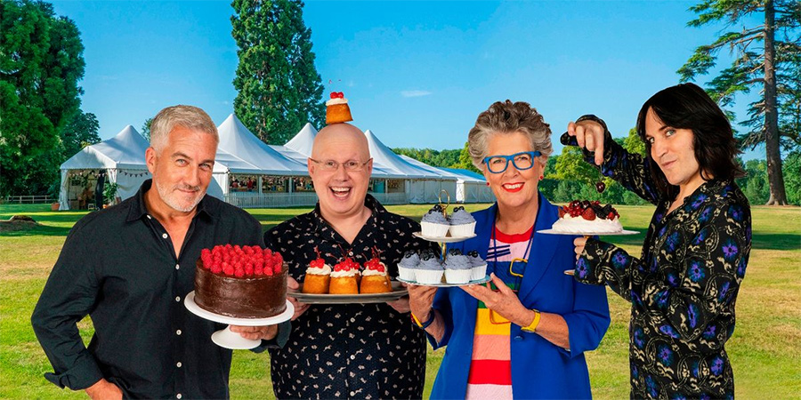 The Great British Bake Off. Image shows from L to R: Paul Hollywood, Matt Lucas, Prue Leith, Noel Fielding