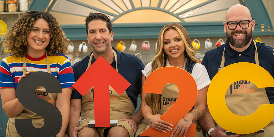 The Great Celebrity Bake Off for Stand Up to Cancer. Image shows left to right: Rose Matafeo, David Schwimmer, Jesy Nelson, Tom Davis