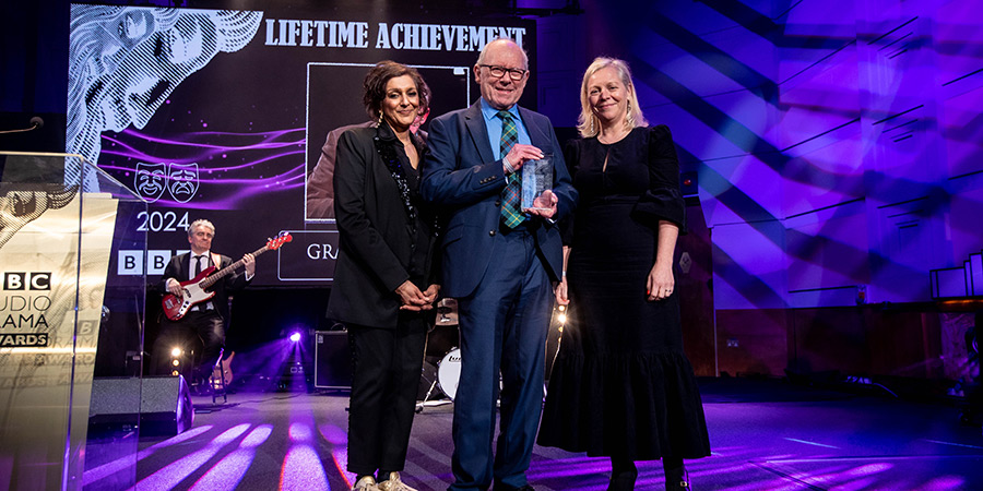 BBC Audio Drama Awards 2024. Image shows left to right: Meera Syal, Graeme Garden, Charlotte Moore. Credit: BBC