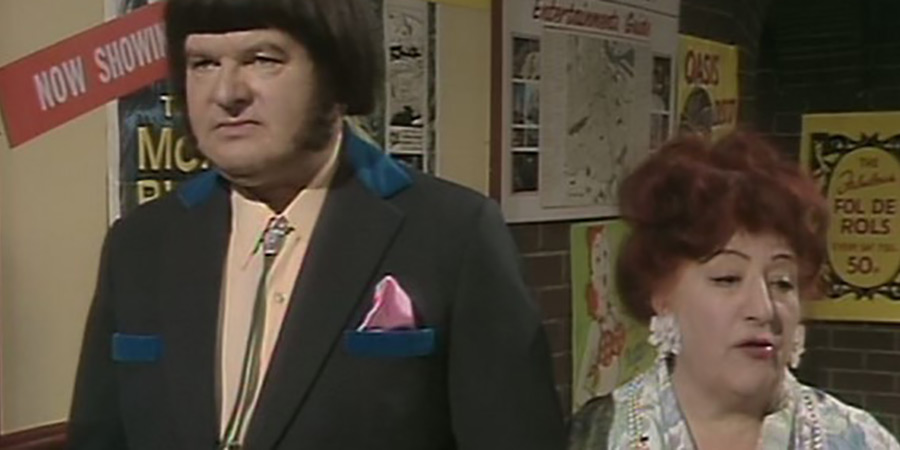Image shows left to right: Benny Hill, Rita Webb