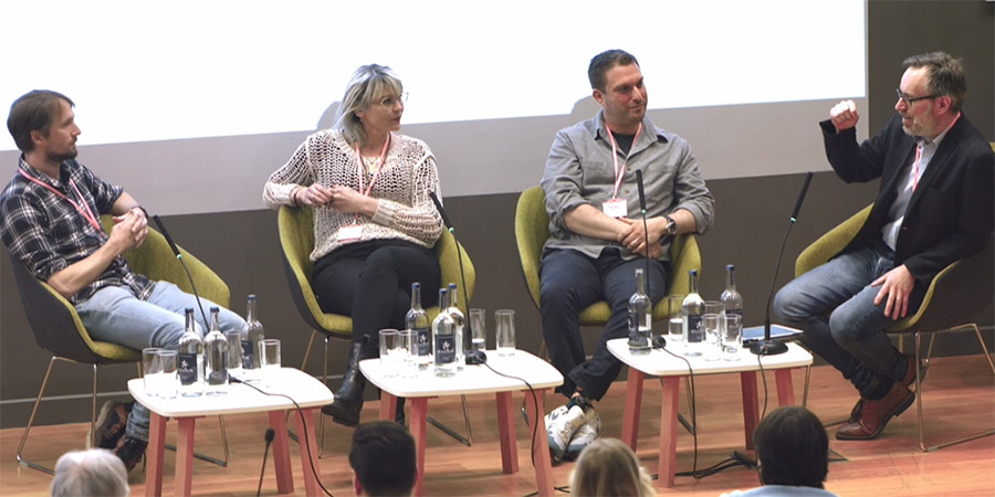 Big Comedy Conference 2023. Image shows left to right: Tom Basden, Sarah Morgan, Benjamin Green, James Cary