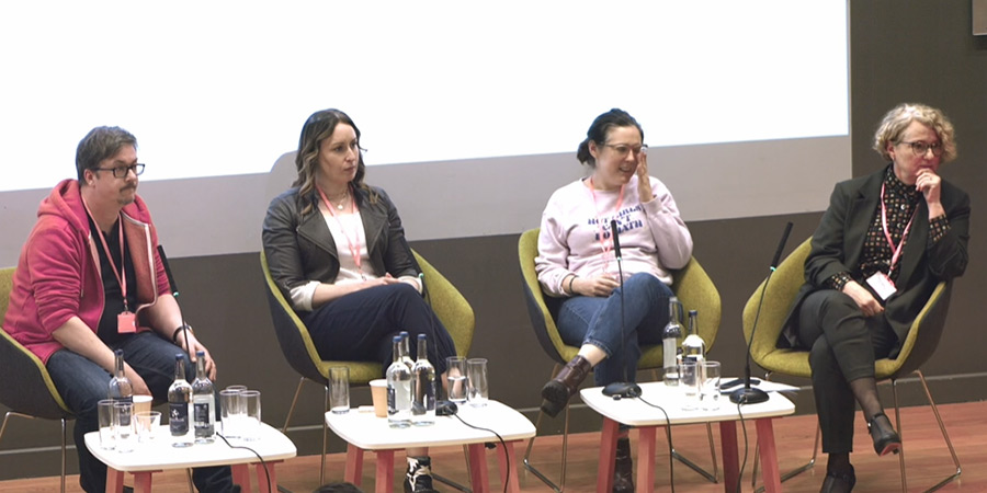 Big Comedy Conference 2023. Image shows left to right: Joel Morris, Christine Rose, Gráinne Maguire