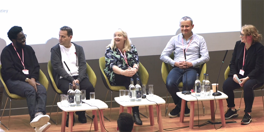 Big Comedy Conference 2023. Image shows left to right: Daniel Lawrence Taylor, Adam Kay, Brona C. Titley, Daniel Peak, Lucy Lumsden