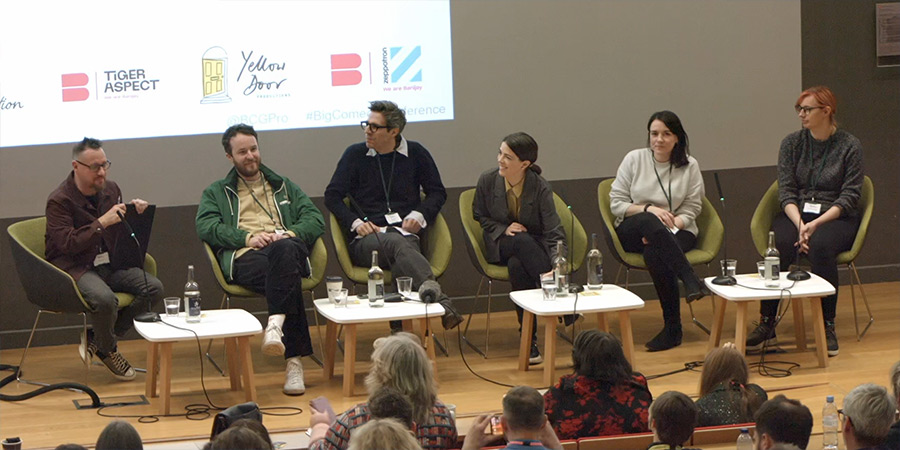 Big Comedy Conference 2024. Image shows left to right: Jon Holmes, Pete Strauss, Ben Wicks, Rosie Holt, Katie Storey, Lindsay Sharman