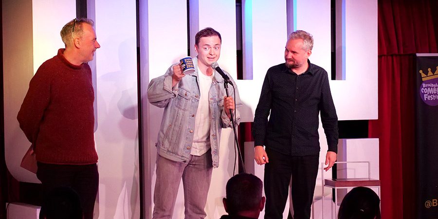 Birmingham Comedy Festival Breaking Talent Award 2024. Image shows left to right: Steve Bennett, Tom Towelling, James Cook. Credit: Dave Freak